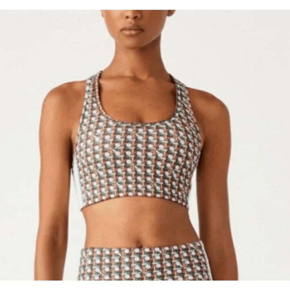 Tory Burch Sport Logo Printed Side Stripe Racerback Bra Gray Green‎ Size Small